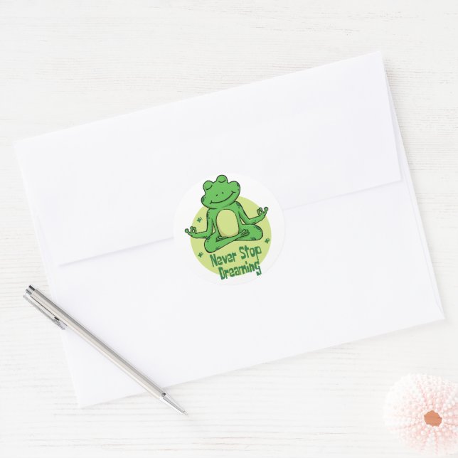 Never stop dreaming Kawaii green frog doing yoga Classic Round Sticker (Envelope)