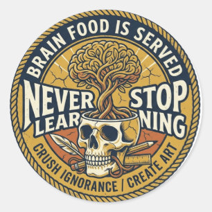Never Stop Learning Brain Food Skull Vintage Stick Classic Round Sticker