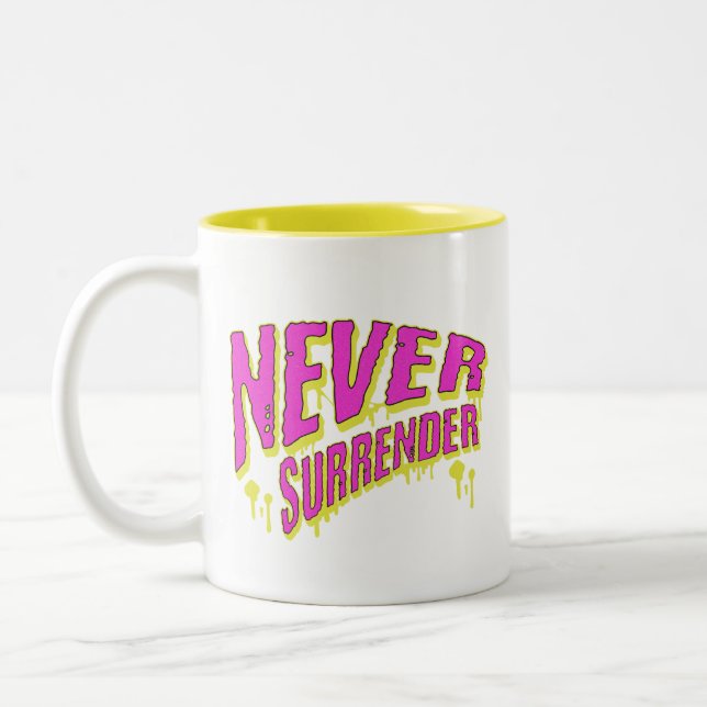 Never Surrender Graffiti Motivation Typography Two-Tone Coffee Mug (Left)