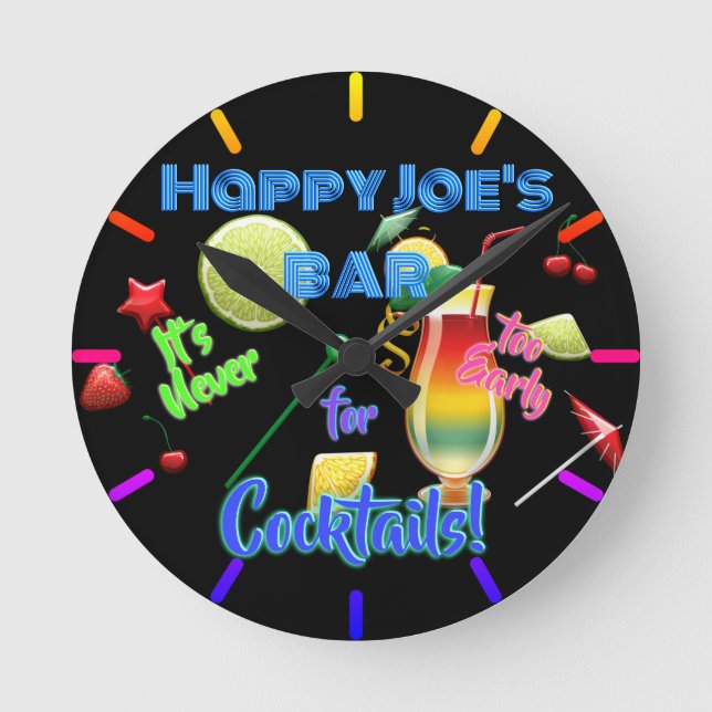 Never Too Early for Cocktails Neon Personalised Round Clock (Front)