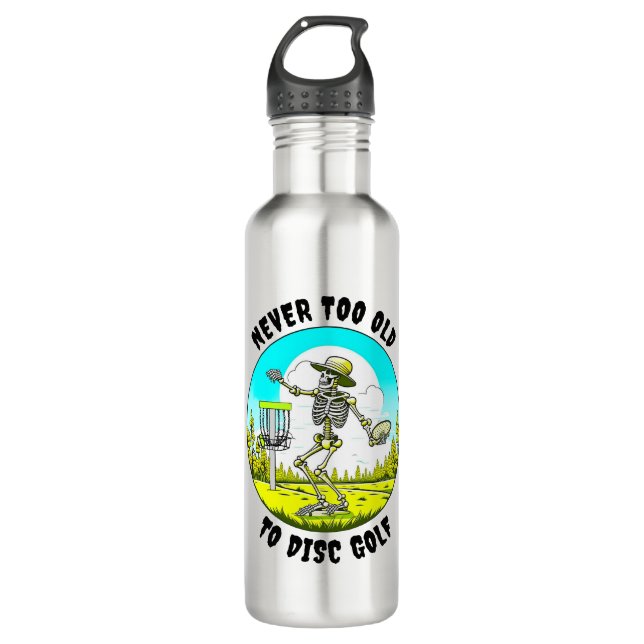 Never Too Old to Disc Golf | Skeleton Throwing 710 Ml Water Bottle (Front)