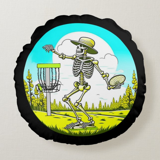 Never Too Old to Disc Golf | Skeleton Throwing Round Cushion (Front)