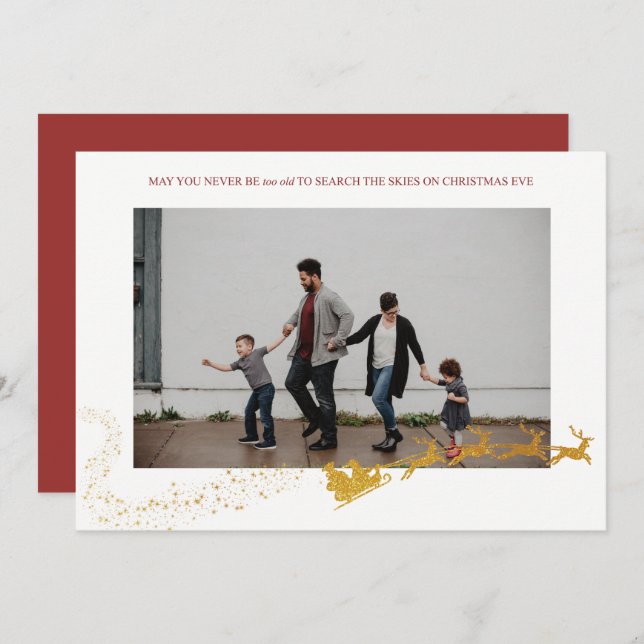 Never Too Old White Faux Gold Glitter Photo Holiday Card (Front/Back)