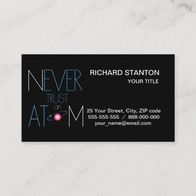 Never trust atom business card (Front)