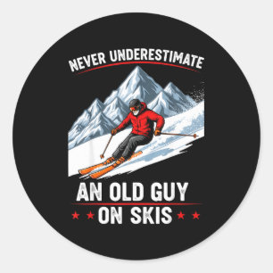 Never Underestimate An Old Guy On Skis Funny Skiin Classic Round Sticker