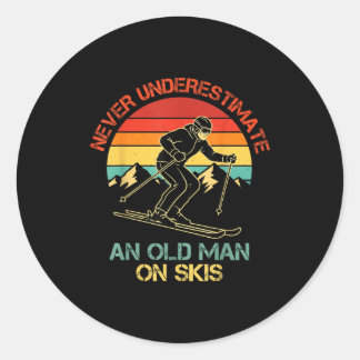 Never Underestimate An Old Man On Skis Funny Skiin Classic Round Sticker