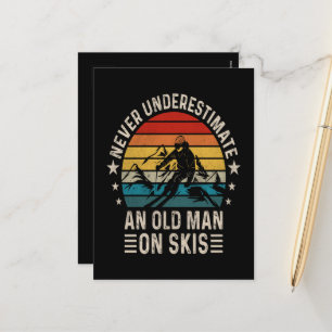 Never Underestimate An Old Man On Skis Retro Holiday Postcard