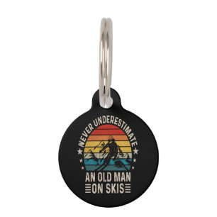Never Underestimate An Old Man On Skis Retro  Pet Tag