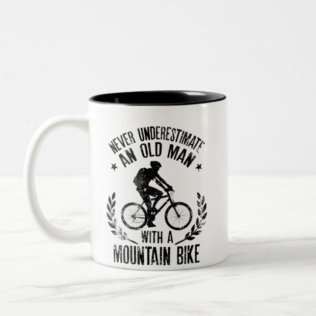 Never Underestimate An Old Man With Mountain Bike Two-Tone Coffee Mug (Left)