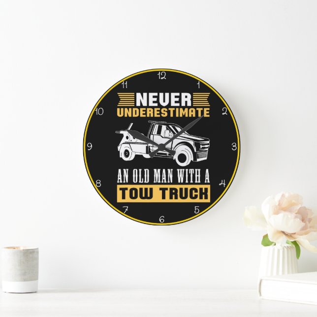 Never Underestimate Old Man Tow Truck Large Clock (Home)