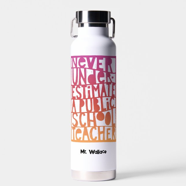 Never Underestimate Public School Teacher Water Bottle (Front)
