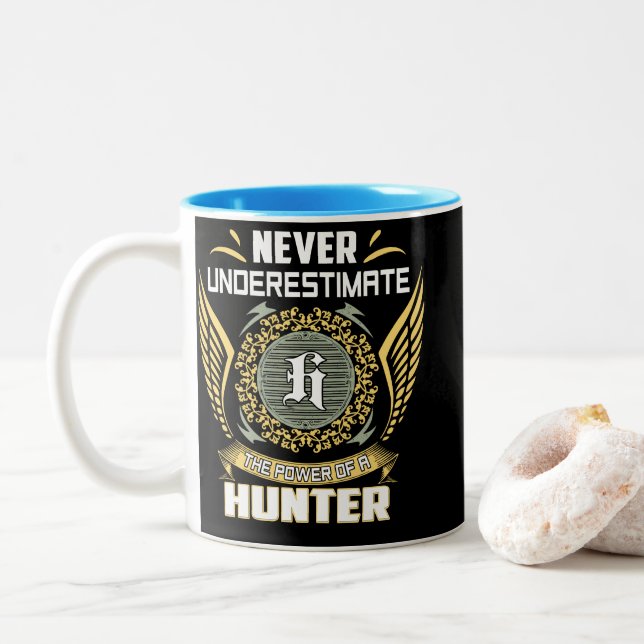 Never Underestimate The Power Of A Hunter Two-Tone Coffee Mug (With Donut)