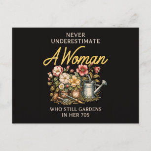 Never Underestimate Woman Gardening Vintage 70s Holiday Postcard