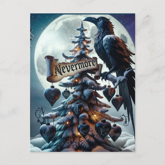 Nevermore Gothic Christmas Tree With Hearts Raven Postcard (Front)