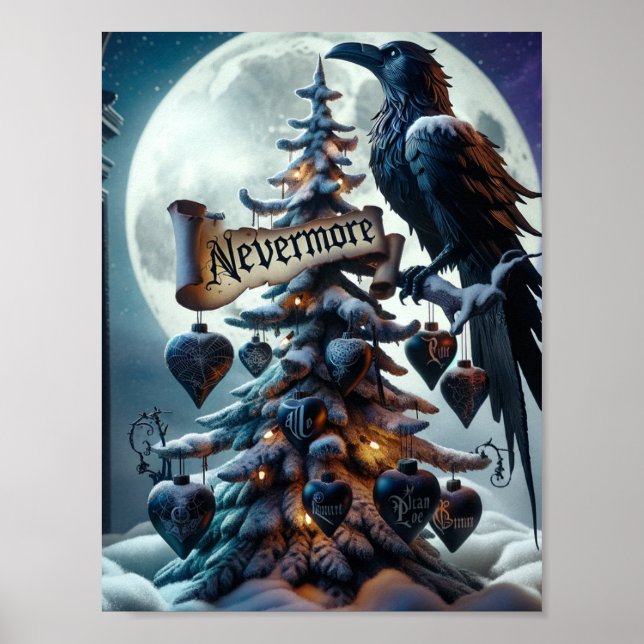 Nevermore Gothic Christmas Tree With Hearts Raven Poster (Front)