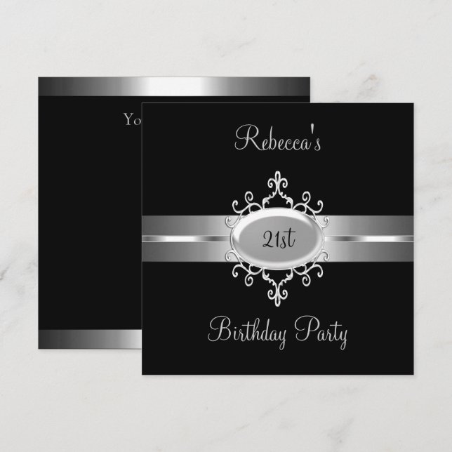 NEW 21st Birthday Party Black Silver Invitation (Front/Back)