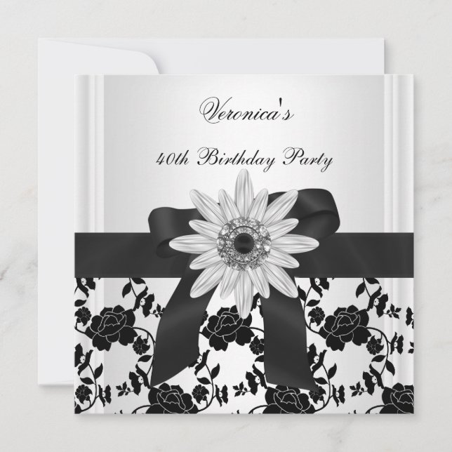 NEW 40th Birthday Party Black White Flower Diamond Invitation (Front)