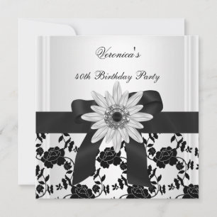NEW 40th Birthday Party Black White Flower Diamond Invitation