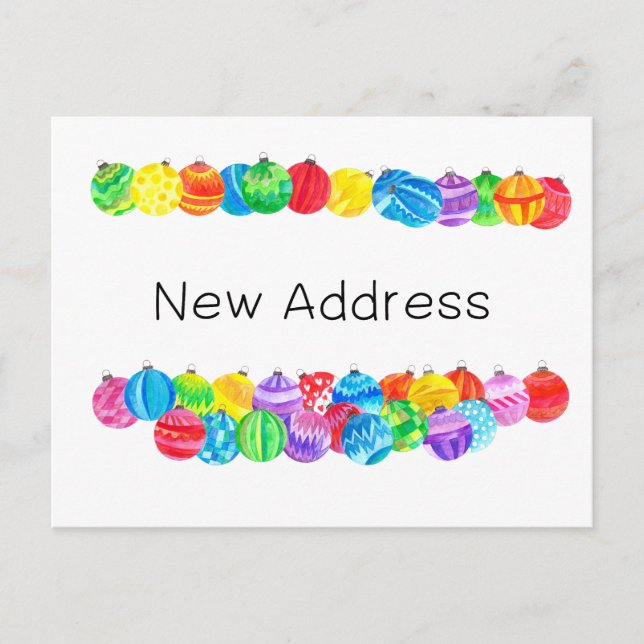 New Address Announcement , watercolor baubles Postcard (Front)