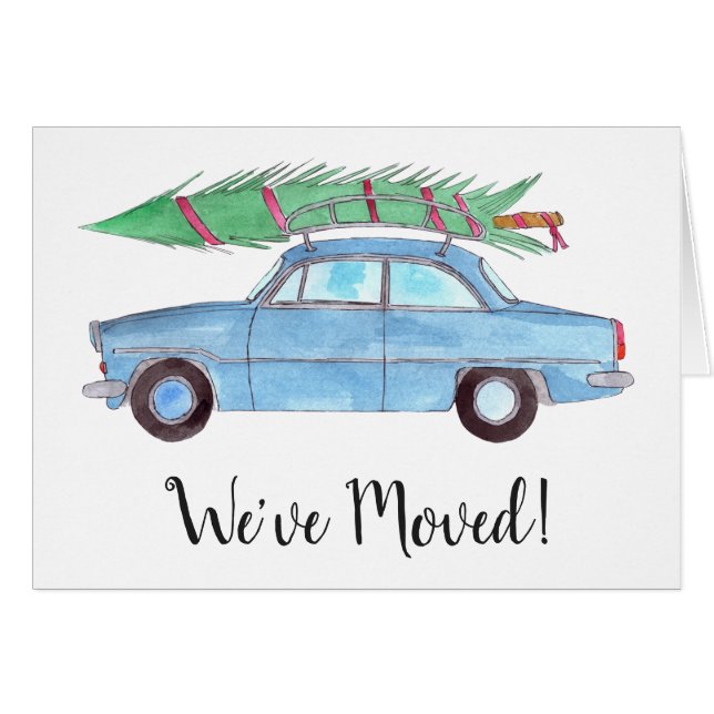 New Address Blue Car Christmas tree Watercolor (Front Horizontal)