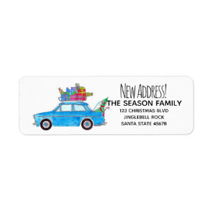 New Address Blue Car with Christmas Gifts