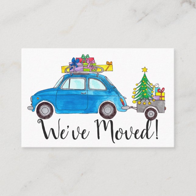 New Address Blue Car with Christmas Gifts Business Card (Front)