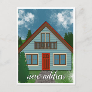 New Address   Blue Country House Red Door Drawing Announcement Postcard