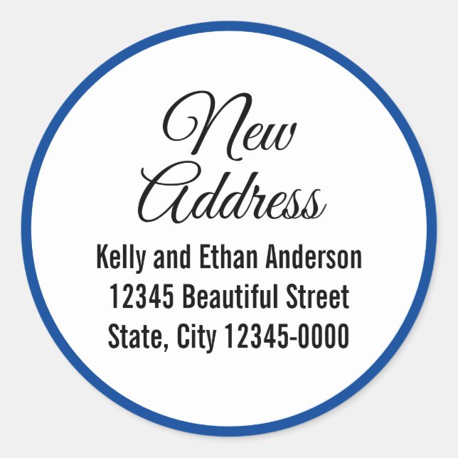New Address Blue White Script Moving Announcement Classic Round Sticker (Front)