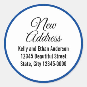 New Address Blue White Script Moving Announcement Classic Round Sticker