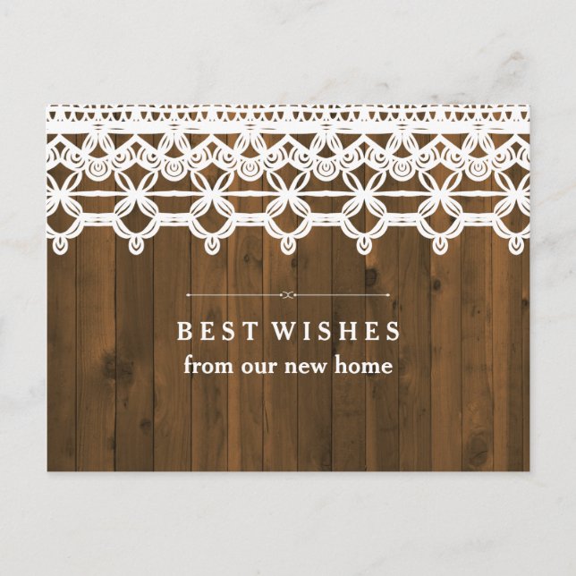 New Address Brown Rustic Wood with White Lace Announcement Postcard (Front)