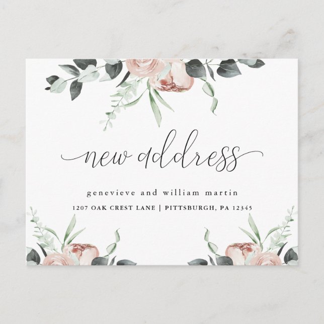 New Address Calligraphy Floral Change of Address Announcement Postcard (Front)