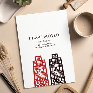 New Address card with Red & Black Retro Buildings 