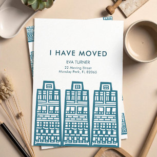 New Address card with retro blue Buildings 