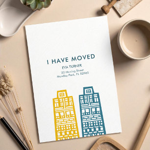 New Address card with yellow and blue Buildings 