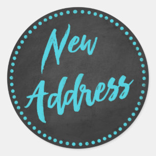 New Address Chalkboard Style Turquoise Blue Classic Round Sticker