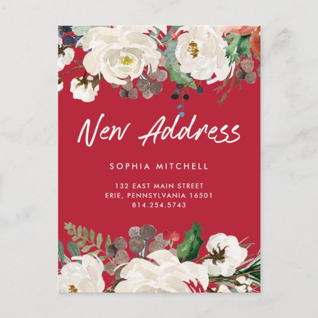 New Address | Christmas Festive Red Floral Moving Announcement Postcard (Front)