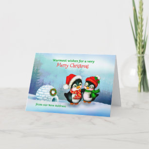 New Address Christmas Postcard, Penguins & Igloo Holiday Card