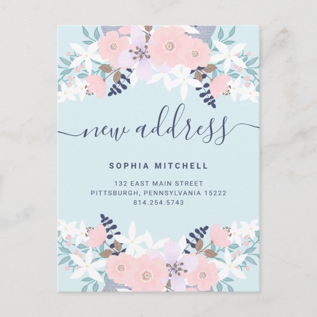 New Address | Cute Blue Pastel Floral Moving Announcement Postcard (Front)
