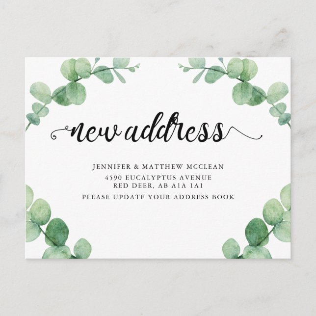New Address Eucalyptus Leaf Botanical Calligraphy Postcard (Front)