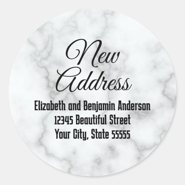 New Address Faux White Marble Moving Announcement Classic Round Sticker (Front)