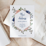 New Address | Floral Geometric Moving Announcement Postcard<br><div class="desc">These modern change of address postcards feature pretty blush pink and navy blue hand painted watercolor flowers on a crisp white background. A boho chic and trendy style that also features a faux rose gold geometric frame for a beautiful on-trend look. A mix of bold, serif text and handwritten script...</div>