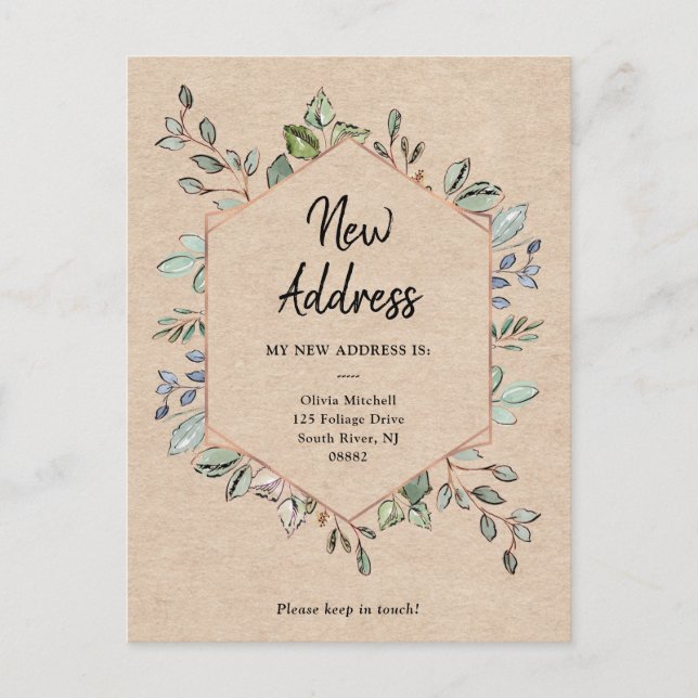 New Address Geo Foliage Kraft Moving Announcement Postcard (Front)