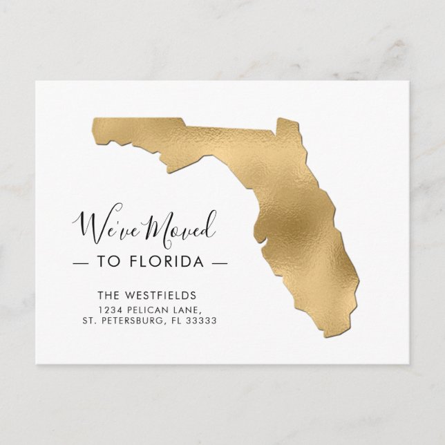 New Address Gold Foil Florida Map Moving Announcement Postcard (Front)