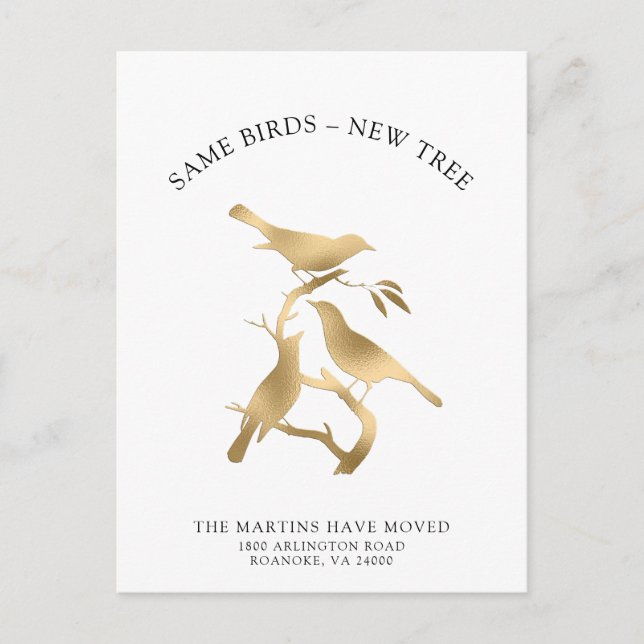 New Address Gold Metallic Birds Moving Announcement Postcard (Front)