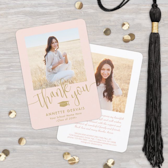 New Address & Graduation Photo Blush Pink & Gold Thank You Card (Creator Uploaded)
