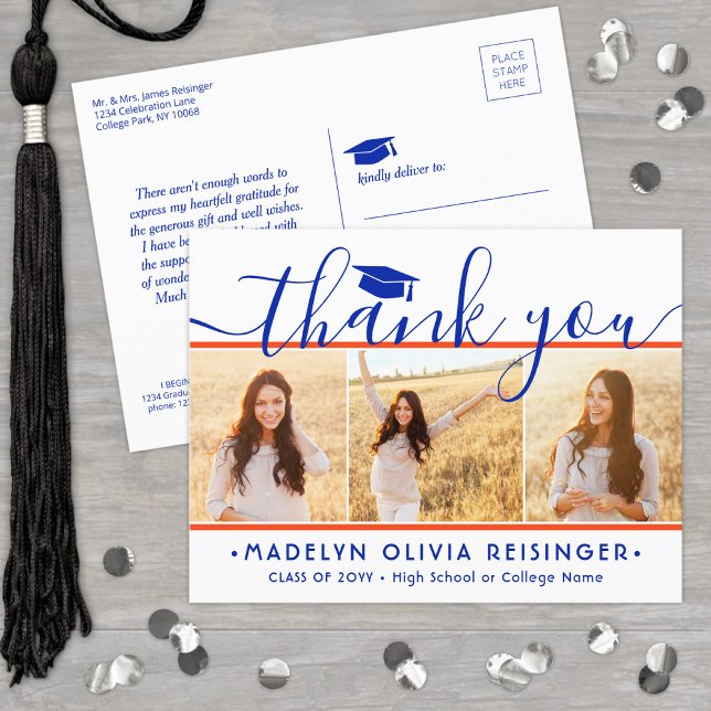 New Address Graduation Thank You Orange and Blue Postcard (Creator Uploaded)