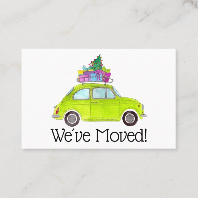 New Address Green Fiat 500 with Christmas Gifts Business Card (Front)