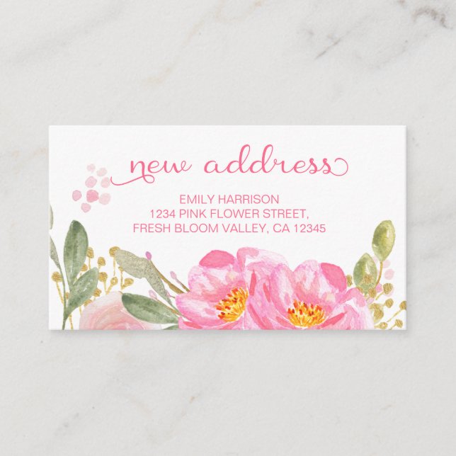 New Address Hand Lettered Pink Flowers Insert Card (Front)