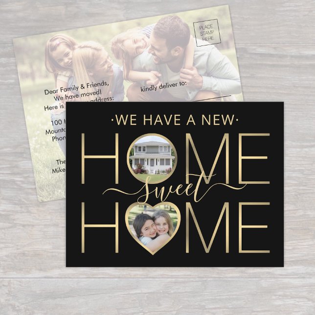 New Address Home Sweet Home Black & Gold 3 Photo Announcement Postcard (Creator Uploaded)