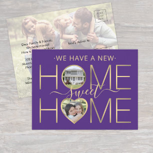 New Address Home Sweet Home Purple & Gold 3 Photo Announcement Postcard